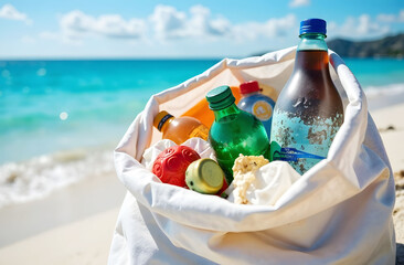 Obraz premium Collecting Waste on Beach, Plastic Trash, Ocean Pollution. A white bag filled with plastic waste on sandy beach with blue ocean background. Illustrates ocean pollution and waste management