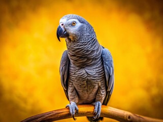 Obraz premium Grey Parrot Perched on Vibrant Yellow - Panoramic Stock Photo