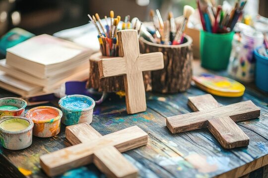 rustic crafting station with wooden crosses, colorful papers, paints, and bible-themed supplies arranged artistically, warm lighting on natural textures