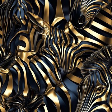 Seamless abstract 3D zebras with striped metallic textures in black and gold . Seamless abstract 3d pattern background