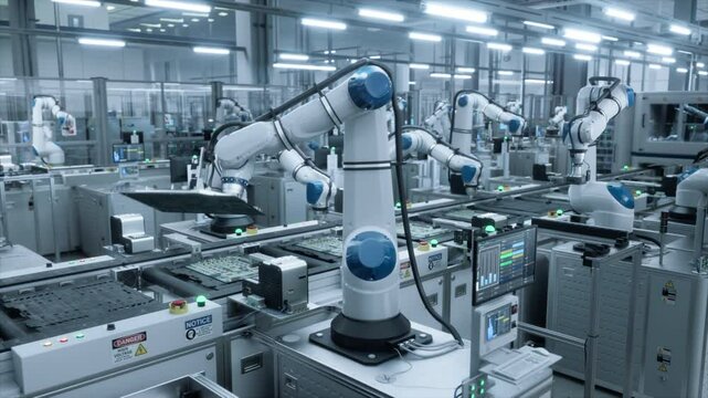 Automated Production Line for Circuit Boards. Manufacturing Conveyor Operating Without Technicians and Workers, Working Autonomously with the Help of Artificial Intelligence. High Angle Footage