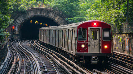 Obraz premium Train emerges from underground tunnel on a winding track surrounded by lush greenery