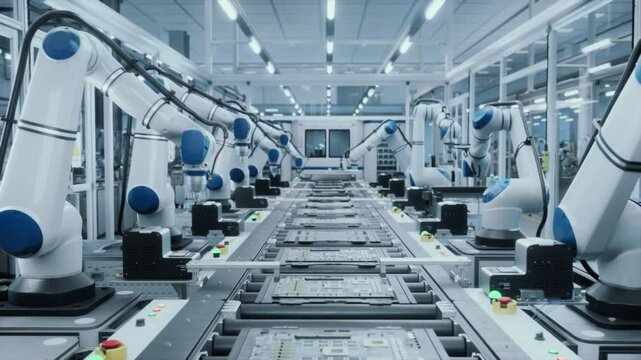 Advanced Microelectronics Manufacturing: AI Robotic Arms Assembling Circuit Boards on a Modern Production Line. Factory Floor is Automated. Robots Performing Mechanical Tasks with PCB Components