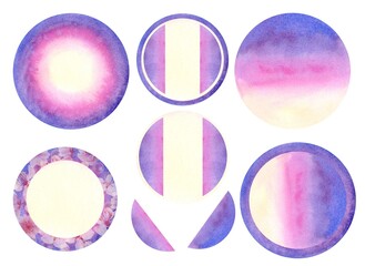 Frame of purple blue pink yellow abstract background with floral pattern of blooming pink cherry with blank beige letterhead inside. Set of watercolor template for menu, invitation, album, web design