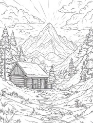Naklejka premium Mountain Cabin Landscape With Stream And Trees