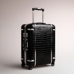 Sleek Black Carry-On Suitcase with Crocodile Texture and Handle