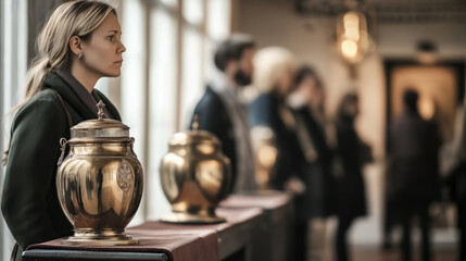 Woman near gold urns at memorial gathering indoors symbolizes respect, remembrance and shared grief, ideal for funeral service promotions and memorial-related editorial content