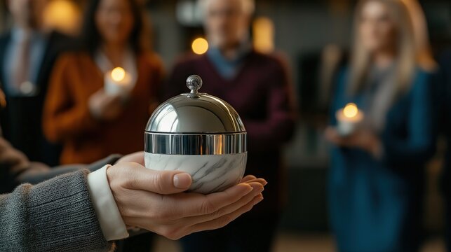 Hands holding marble urn with people and candles in background symbolize reverence, remembrance and emotional support, ideal for memorial service visuals, funeral ads and grief-related editorial conte