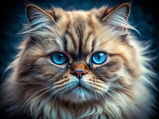 Grumpy Persian Cat Macro Photography: Intense Blue Eyes Close-Up