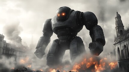 Giant robot amidst city destruction.