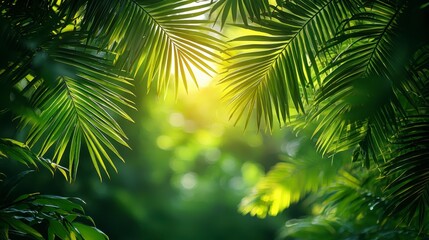 Lush green palm leaves illuminated by sunlight in a tropical rainforest.