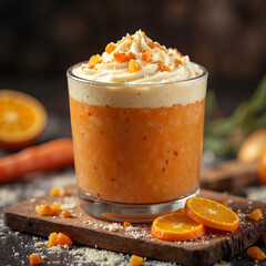 Gourmet carrot cake smoothie on wooden board, vibrant indulgence