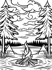 Fototapeta premium Campfire Scene With Tents And Pine Trees By A Lake