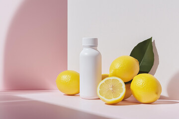 Minimalistic still life with fresh lemons and a white vitamon c mockup bottle, featuring a whole lemon and halves with bright, juicy interior.  