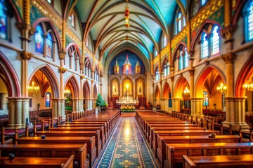 Fototapeta premium Guelph Ontario Church Interior, Tilt-Shift Miniature Effect, Immaculate Conception Church, Religious Architecture, Canada