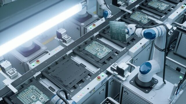 Top Down Footage of an Automated Factory Floor with Robotic Arms Producing Computer Components, Fabricating Circuit Boards with Microchips. Futuristic AI Manufacturing with the Help of Robotics