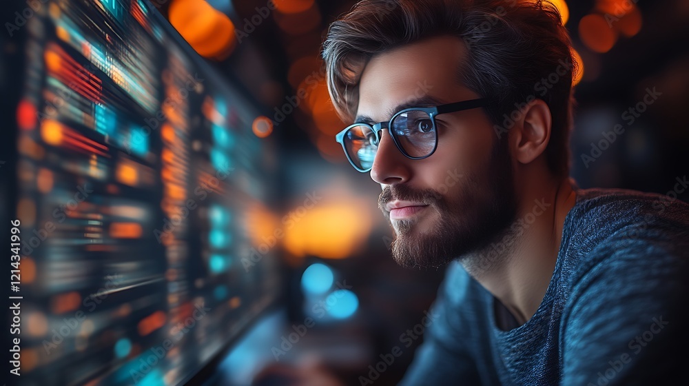 Wall mural focused programmer reviewing code on large monitor at night.