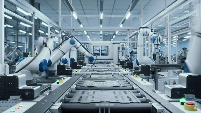 Timelapse Footage of Microelectronics Manufacturing: Robotic Arms Assembling Circuit Boards on a Modern Production Line. Automated Robotic Arms Performing Mechanical Tasks with PCB Components