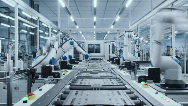 Autonomous Electronics Factory with Precision Robotic Arms at Work. Facility Operating with Advanced Manufacturing Technology, Efficient Conveyor Robots Producing Circuit Boards. Timelapse with Zoom