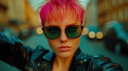 A fierce portrait of an individual with edgy short pink hair, wearing dark sunglasses, showcasing boldness and strength in an urban environment filled with dynamic energy.