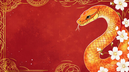 Obraz premium Japanese - Inspired New Year Card Red & Gold, Snake with Flowers, Watercolor Texture, Glowing for Festive Ambiance.
