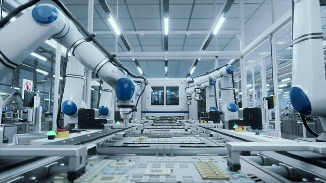 Industrial Robots Producing Circuit Boards, Implementing Microchips and Semiconductors. Camera Timelapse POV on a Conveyor Line. Production Without Human Surveillance in a Manufacturing Facility