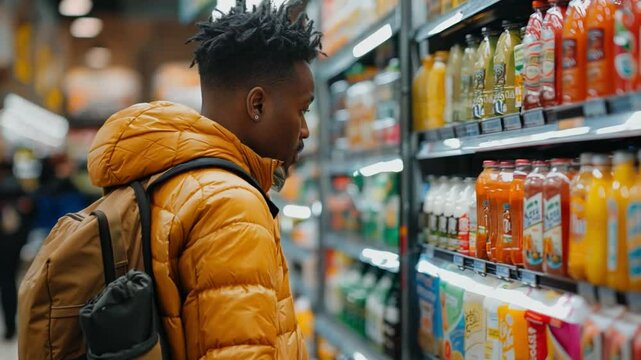 This young man examines various drinks on the shelves in a grocery store.