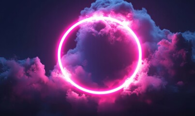 Obraz premium Cloud illuminated with pink neon light ring on dark night sky close-up