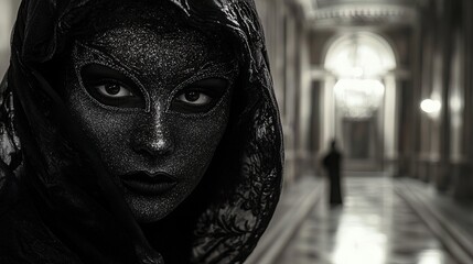 Elegant masquerade Halloween party, vintage costumes, grand ballroom, eerie atmosphere  