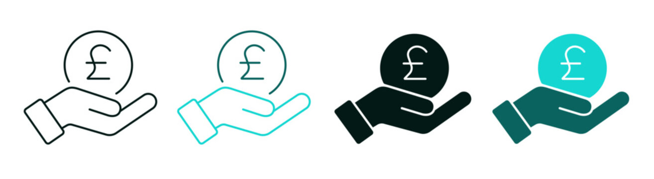 Hand holding a Pound coin icon set. English or British GBP coin. Line, color or black logo. Save money, salary, finance or cash concept. Logo symbol for web or app. Editable vector stroke.