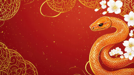 Obraz premium Japanese - Inspired New Year Card Red & Gold, Snake with Flowers, Watercolor Texture, Glowing for Festive Ambiance.