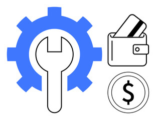 Gear with wrench in center, wallet with credit card, and dollar coin. Ideal for financial planning, budget settings, online transactions, personal finance, banking services, financial tools