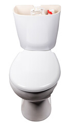 Studio lighting. White toilet. The lid of the cistern is missing. Bathroom.