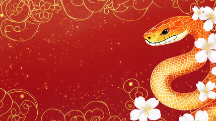 Obraz premium Japanese - Inspired New Year Card Red & Gold, Snake with Flowers, Watercolor Texture, Glowing for Festive Ambiance.