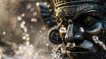 Mayan head sculptures fountain, sunlight, water spray, cultural heritage