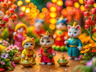 Naklejka premium Happy Lunar New Year 2023: Vietnamese Tet Holiday Celebration with Cute Cat Figurines - Tilt-Shift Photography