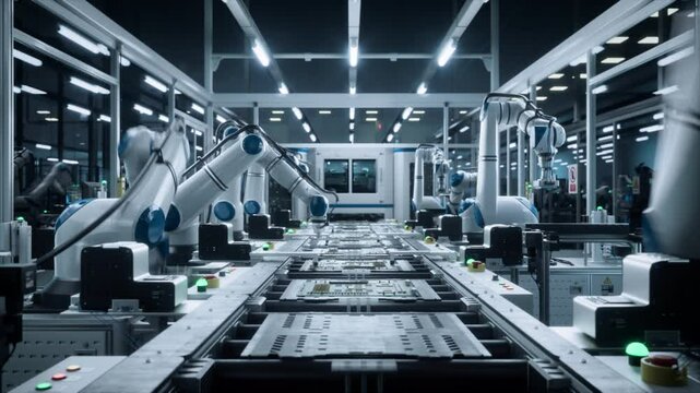 Automated Dark Factory Floor with Fast Robotic Arms Producing Computer Components, Printing and Fabricating Circuit Boards with Microchips. Futuristic AI Manufacturing with the Help of Robotics