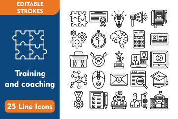 Training and coaching 25 Line Icons Puzzle, Target, Job Search, Mortarboard, Medal