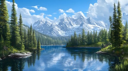 Serene Mountain Lake  Coniferous Forest  Snow capped Peaks  Nature Landscape