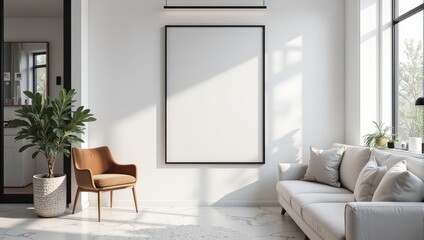 An intimate view captures a centered white poster frame with a sleek black border mounted on a pristine white wall, its subtle shadow adding depth and elegance to the composition