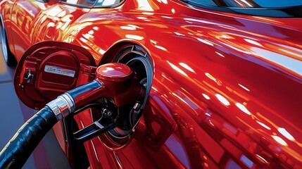 Fototapeta premium A car’s fuel tank being filled at a gas station, showcasing the refueling process in vibrant detail.