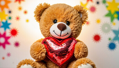 Obraz premium Happy teddy bear holding reversible sequin heart, creative display