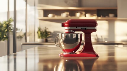 Red stand mixer on kitchen counter, sunlit background (1)