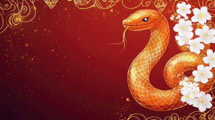 Obraz premium Japanese - Inspired New Year Card Red & Gold, Snake with Flowers, Watercolor Texture, Glowing for Festive Ambiance.