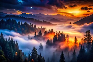 Obraz premium Haunting Fog-Shrouded Mountain Forest at Night - Mysterious Silhouette Trees Stock Photo