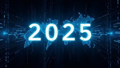 Glowing 2025 text with a digital world map and futuristic elements.