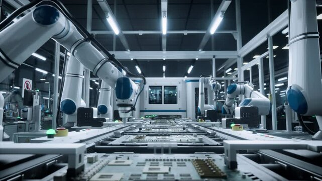 Camera Timelapse POV on a Conveyor Line with Robotic Arms Assembling Circuit Boards. Microelectronics Manufacturing in a Modern Facility. Technology Production in an Industrial Environment