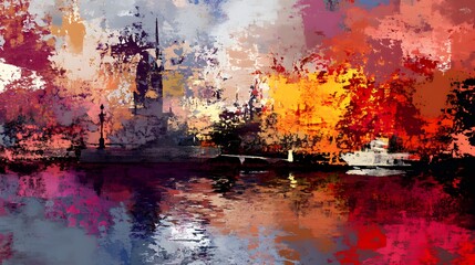 Abstract Cityscape Painting  Sunset  River  Buildings  Texture