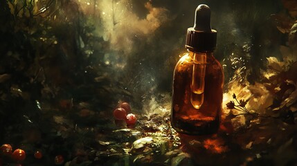 Intensify your skincare routine with this brown glass dropper bottle filled with a potent serum that nourishes and rejuvenates your skin. 