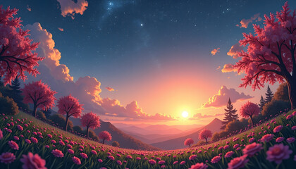 Sunset over a peaceful valley with blooming trees, ideal for travel blogs and nature-themed designs
